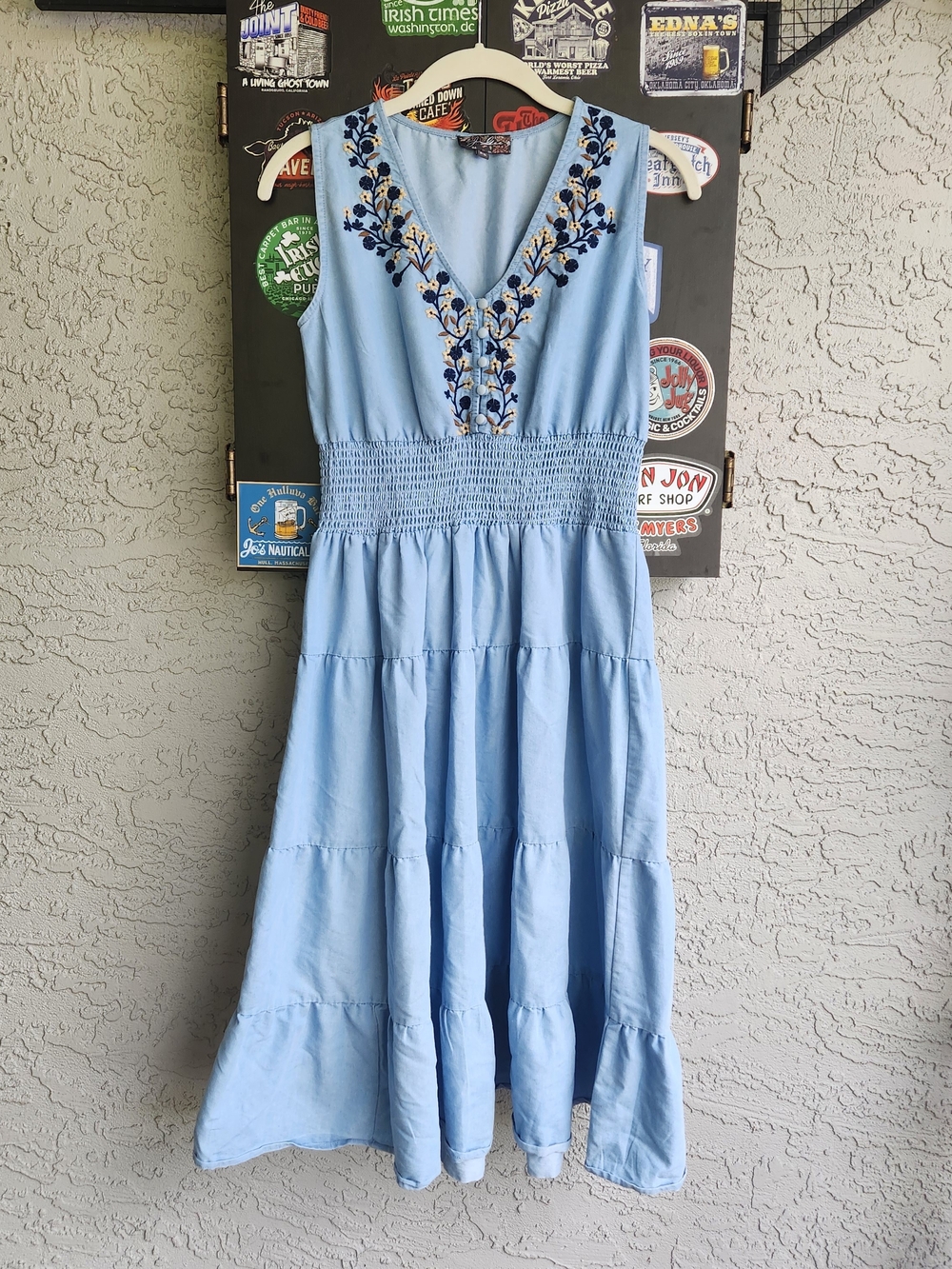 J Glee Womens Petite Small Light Blue Denim Midi Dress Embroidered Floral Boho